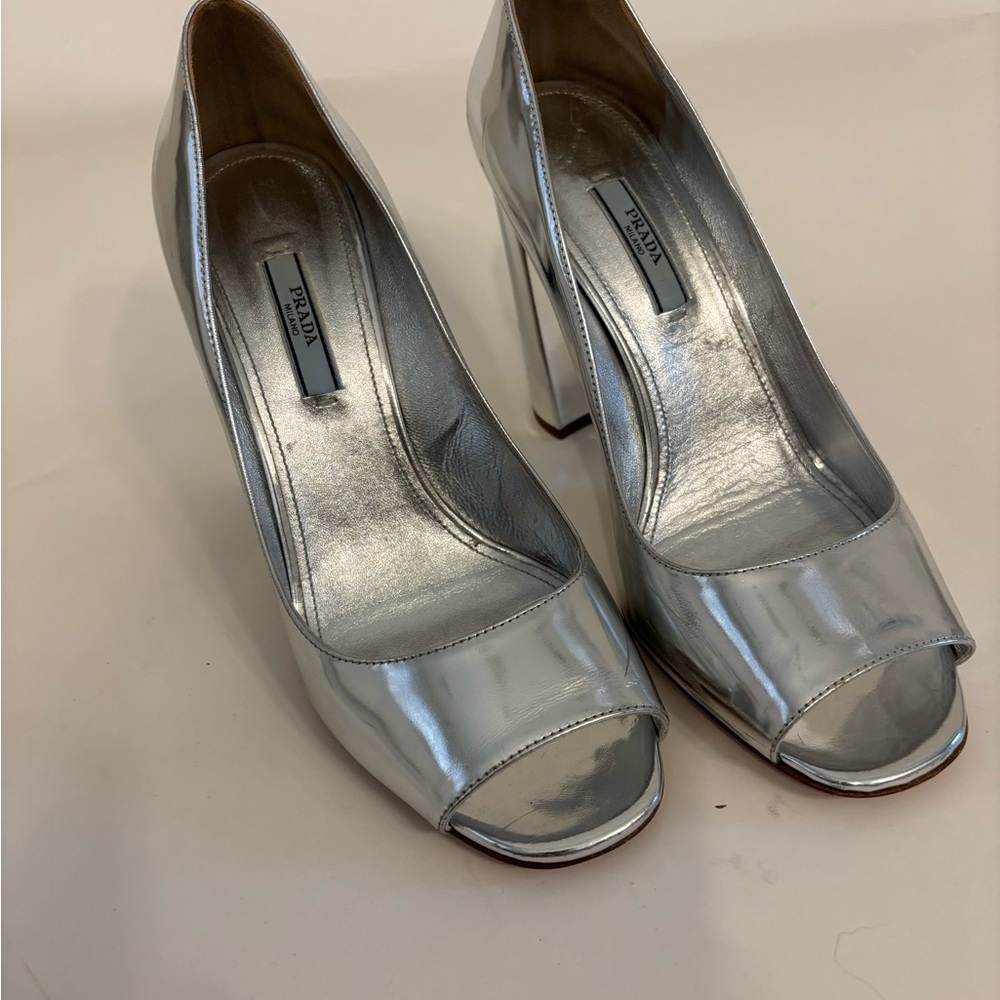 Prada Women's Silver Peep-Toe Heels